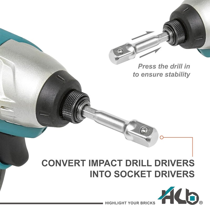 hb+ 3-Piece Socket Adapter Set AAM001-U | 1/4" Hex Shank Impact Driver Drill Adapters | 1/4", 3/8", 1/2" Drive | Chrome Vanadium Steel with Spring-Loaded Detent Ball | Professional Tools Made in Taiwan - Image 5